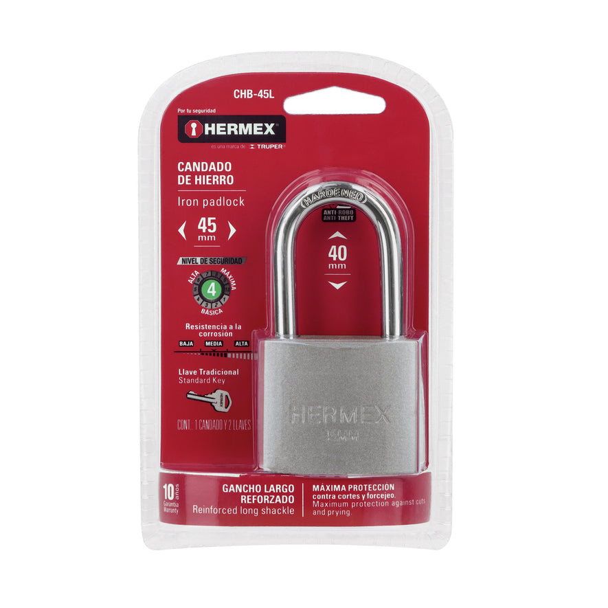Candado de hierro 45 mm gancho largo en blíster, Hermex Caja con 6, 43327