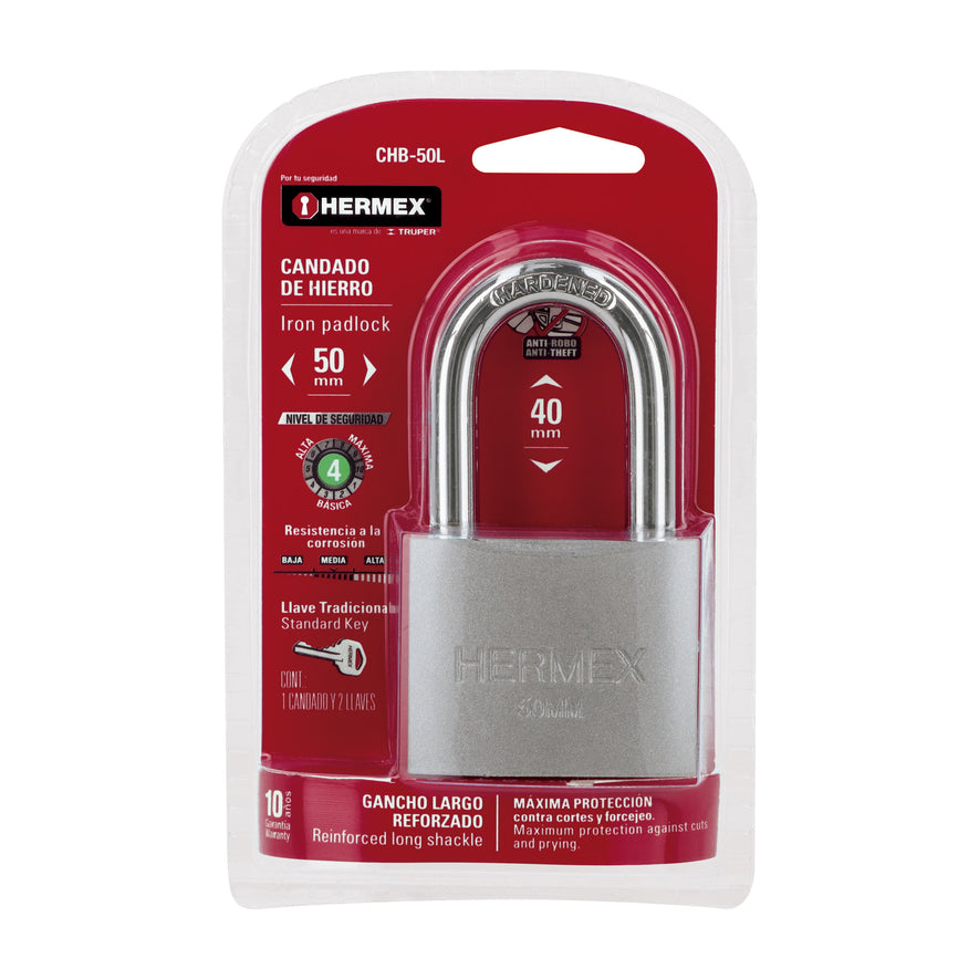 Candado de hierro 50 mm gancho largo en blíster, Hermex Caja con 6, 43328