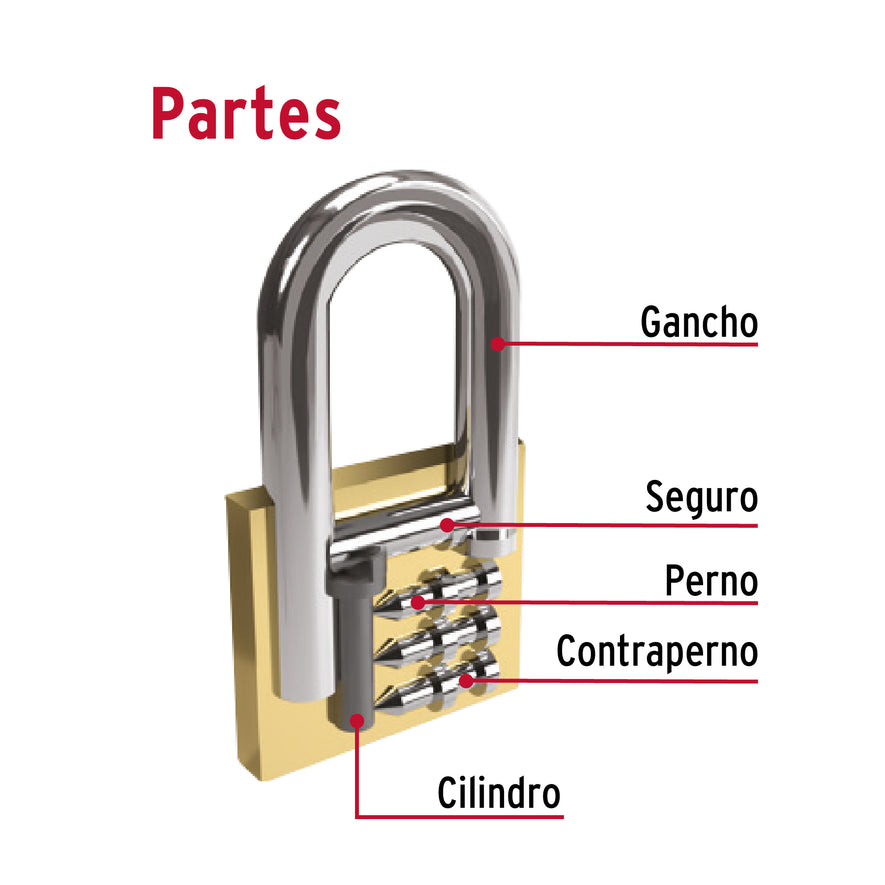 Candado de hierro color latón 50 mm, largo, caja, BASIC Caja con 6, 27072