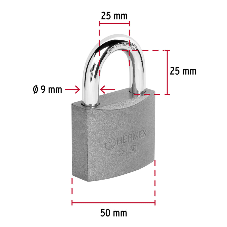 Candado de hierro 50 mm gancho corto en blíster, Hermex Caja con 6, 43320