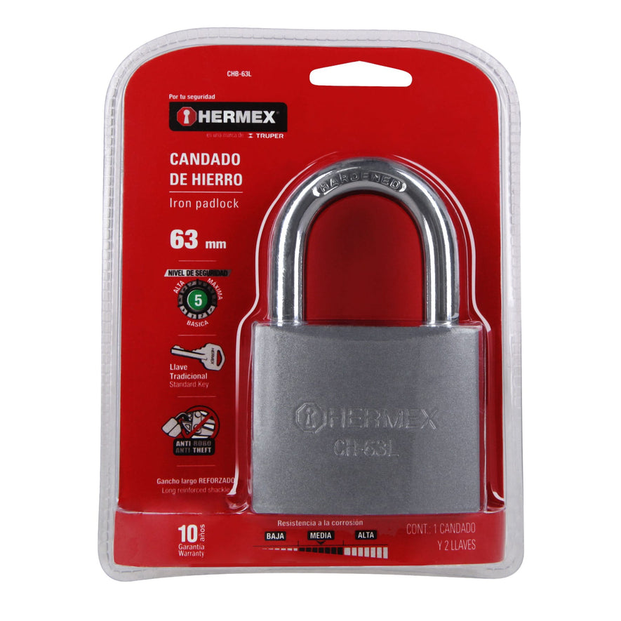 Candado de hierro 63 mm gancho largo en blíster, Hermex Caja con 6, 43804