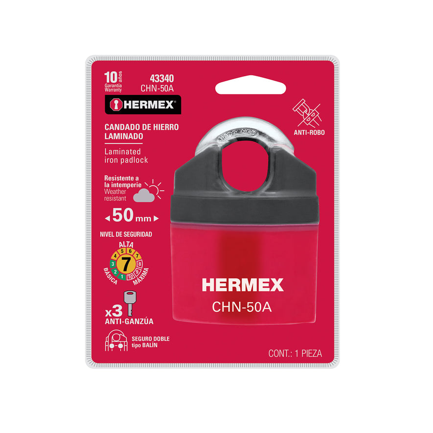 Candado de hierro 50 mm gancho protegido, llave anti-ganzúa Caja con 3, 43340