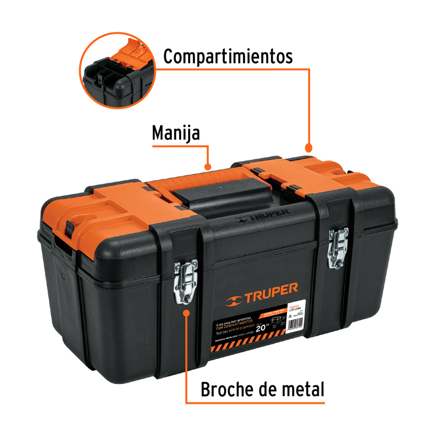 Caja para herramienta 20' c/compartimentos,broches metálicos Caja con 2, 102435