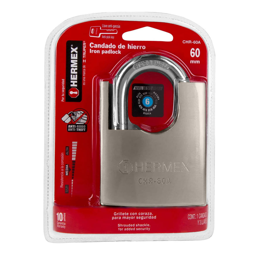Candado de hierro 60 mm con coraza, llave anti-ganzúa Caja con 3, 43314