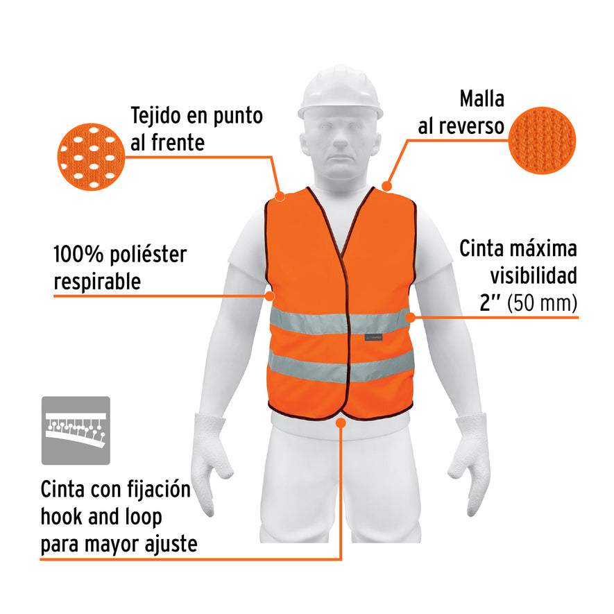 Chaleco de seguridad naranja con cintas de alta visibilidad Caja con 5, 14426