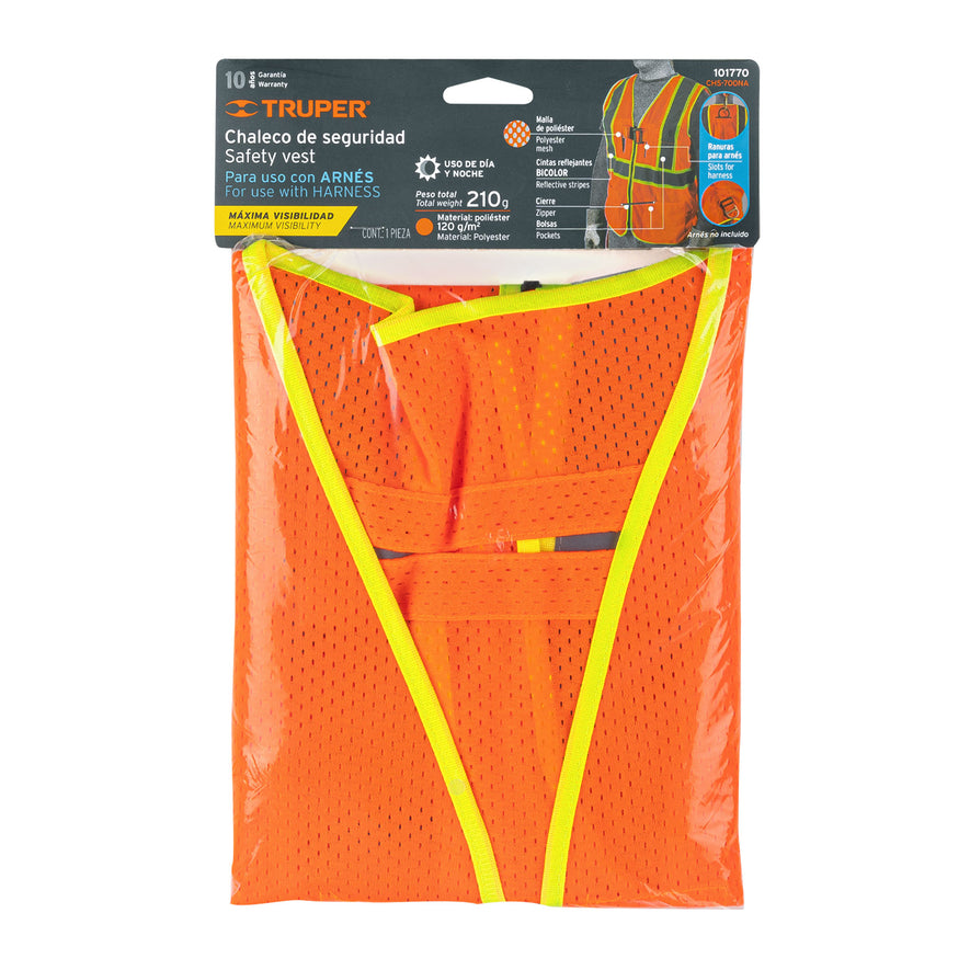 Chaleco de seguridad para arnés, alta visibilidad, naranja Caja con 5, 101770