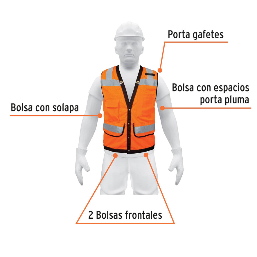Chaleco seguridad reforzado naranja con bolsas, M, Expert Caja con 5, 13479
