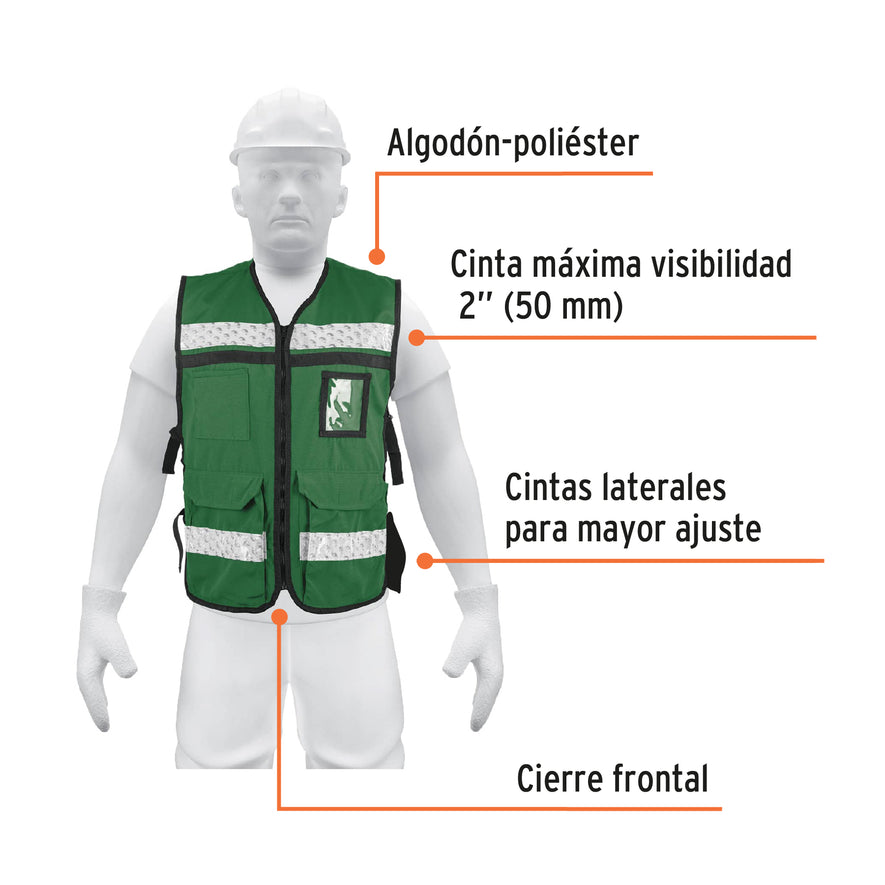 Chaleco brigadista con cintas reflejantes, color verde Caja con 3, 14664