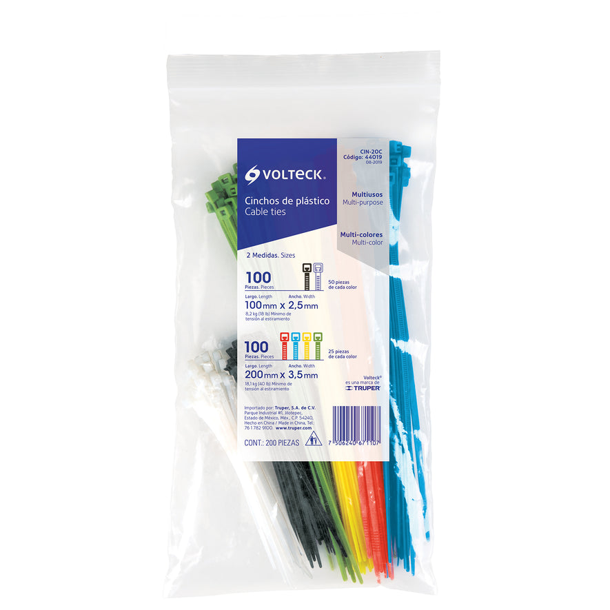 Bolsa con 200 cinchos plásticos en colores surtidos, Volteck Caja con 4, 44019