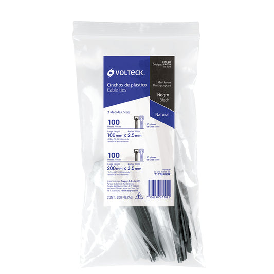 Bolsa con 200 cinchos plásticos negros y naturales, Volteck Caja con 4, 44018