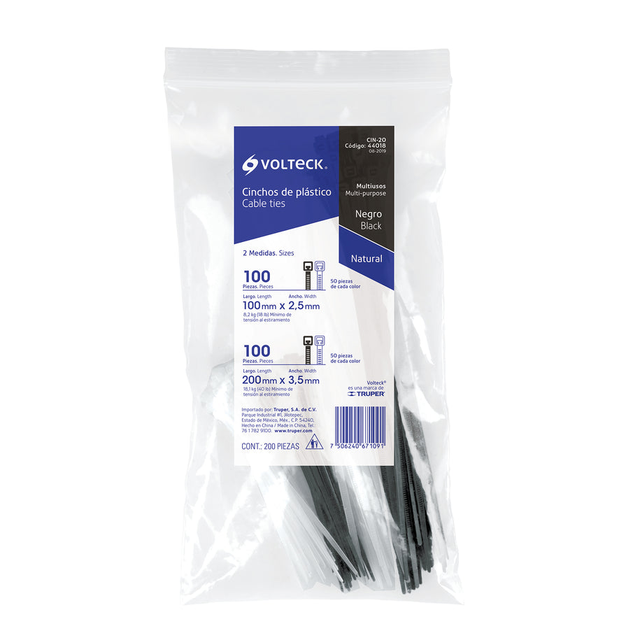 Bolsa con 200 cinchos plásticos negros y naturales, Volteck Caja con 4, 44018
