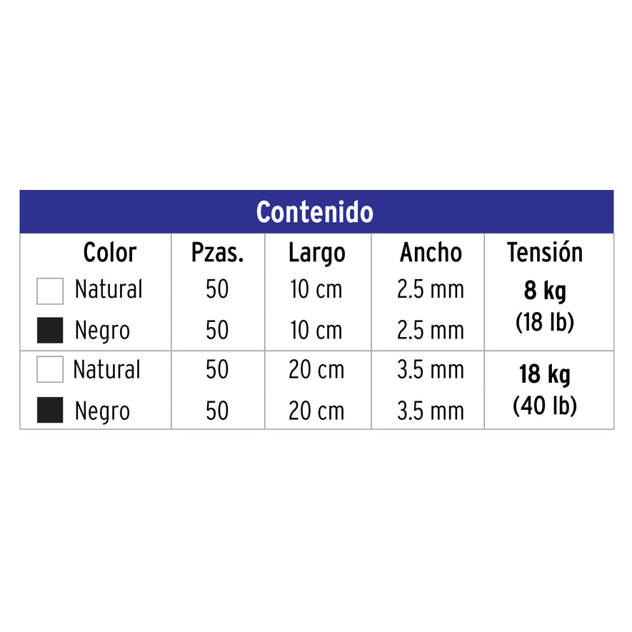 Bolsa con 200 cinchos plásticos negros y naturales, Volteck Caja con 4, 44018