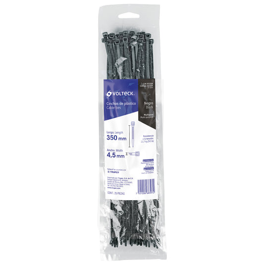Bolsa con 25 cinchos plásticos 50 lb, 350x4.5 mm, negros Caja con 20, 44329