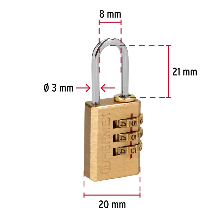 Candado de combinación 20 mm cuerpo de latón en blíster Caja con 6, 43346