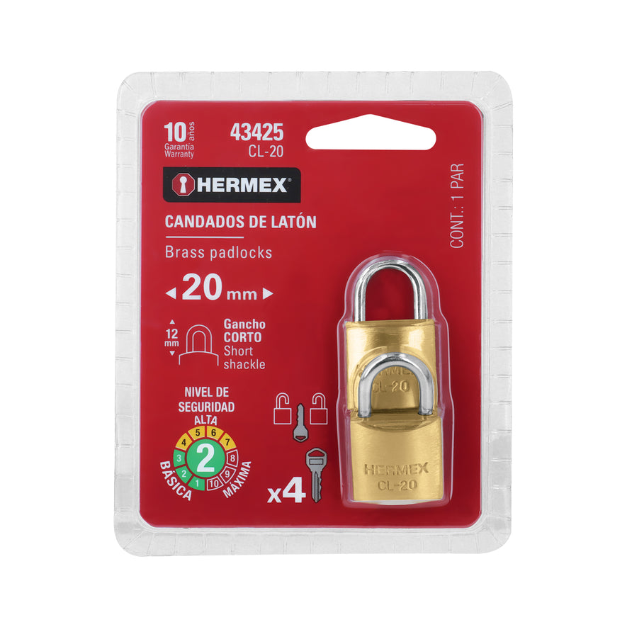Blíster con 2 candados de latón de 20mm con gancho corto Caja con 3, 43425