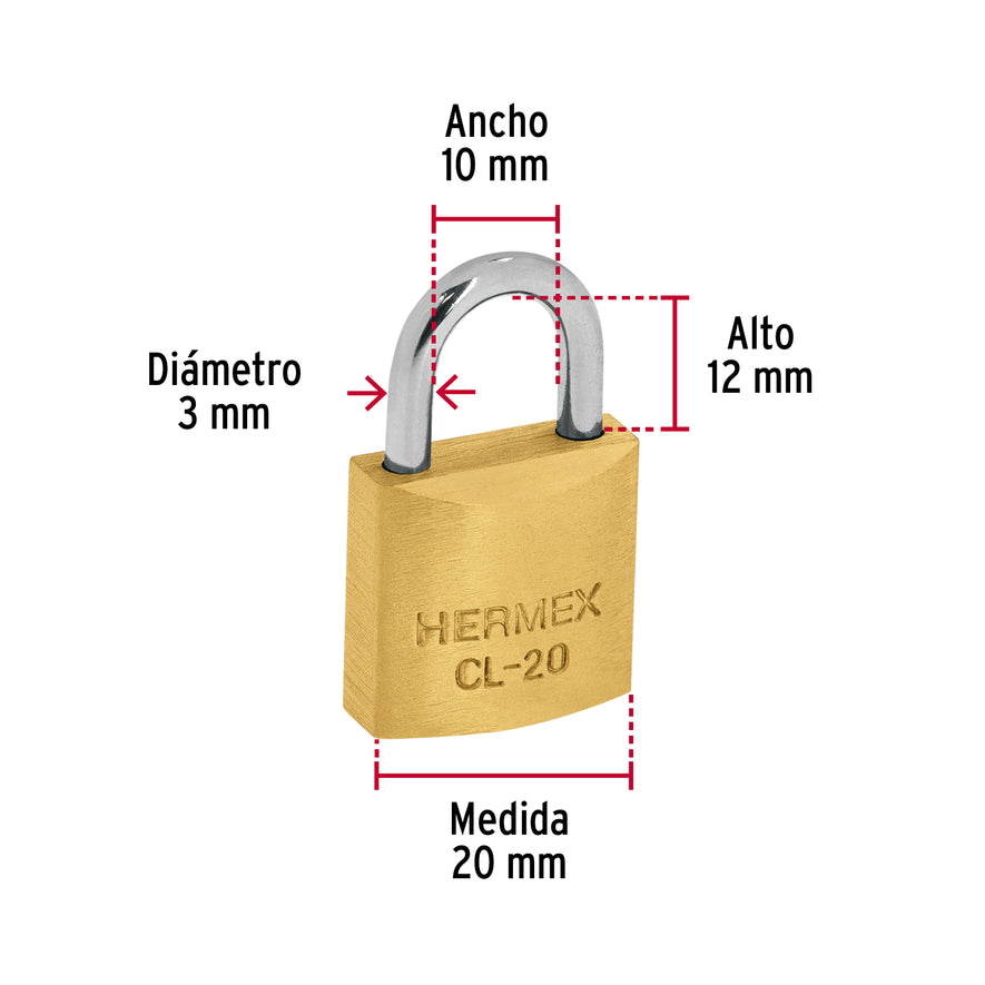 Blíster con 2 candados de latón de 20mm con gancho corto Caja con 3, 43425