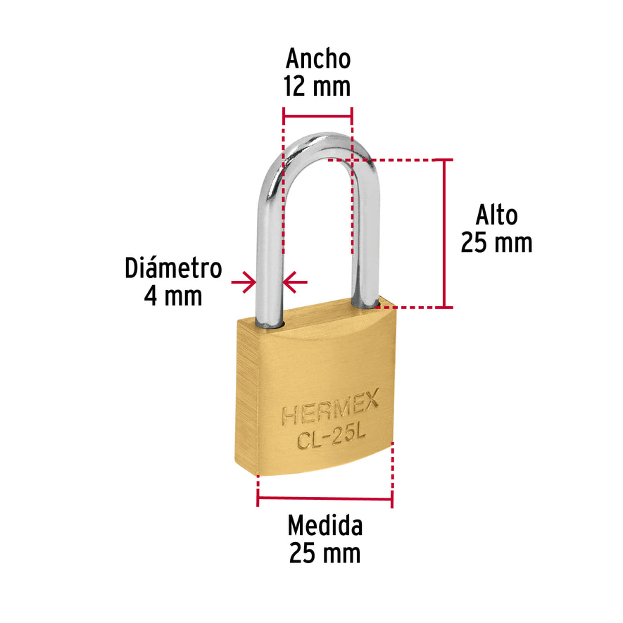 Blíster con 2 candados de latón de 25mm con gancho largo Caja con 3, 43435