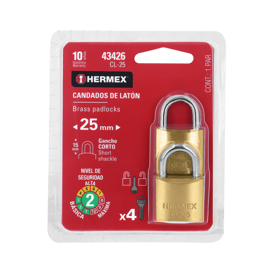 Blíster con 2 candados de latón de 25mm con gancho corto Caja con 3, 43426
