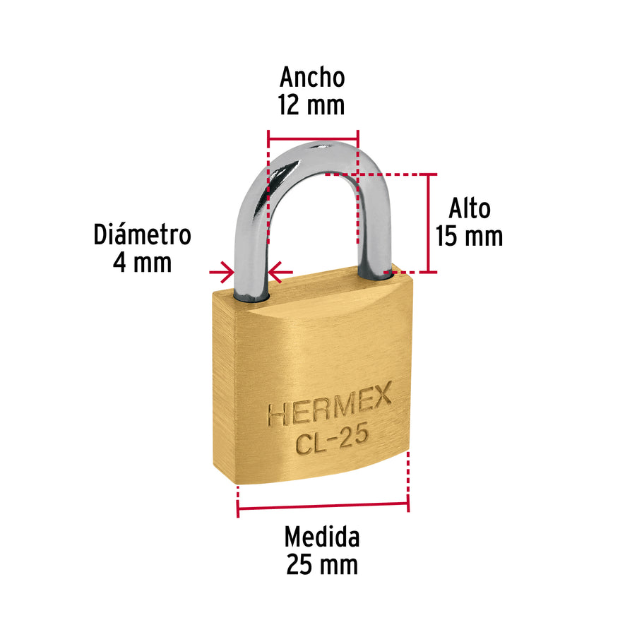 Blíster con 2 candados de latón de 25mm con gancho corto Caja con 3, 43426