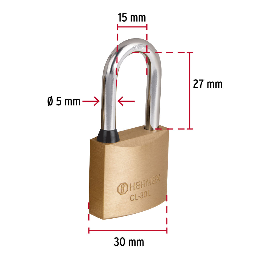 Candado de latón 30 mm gancho largo en blíster, Hermex Caja con 3, 43436