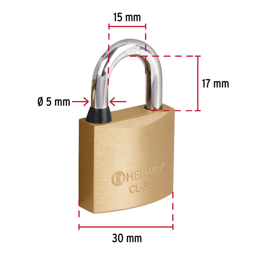 Candado de latón 30 mm gancho corto en blíster, Hermex Caja con 3, 43427