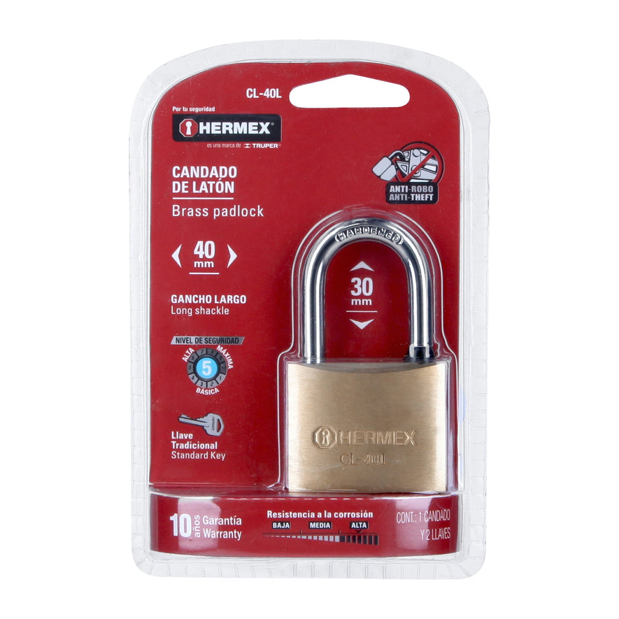 Candado de latón 40 mm gancho largo en blíster, Hermex Caja con 3, 43437