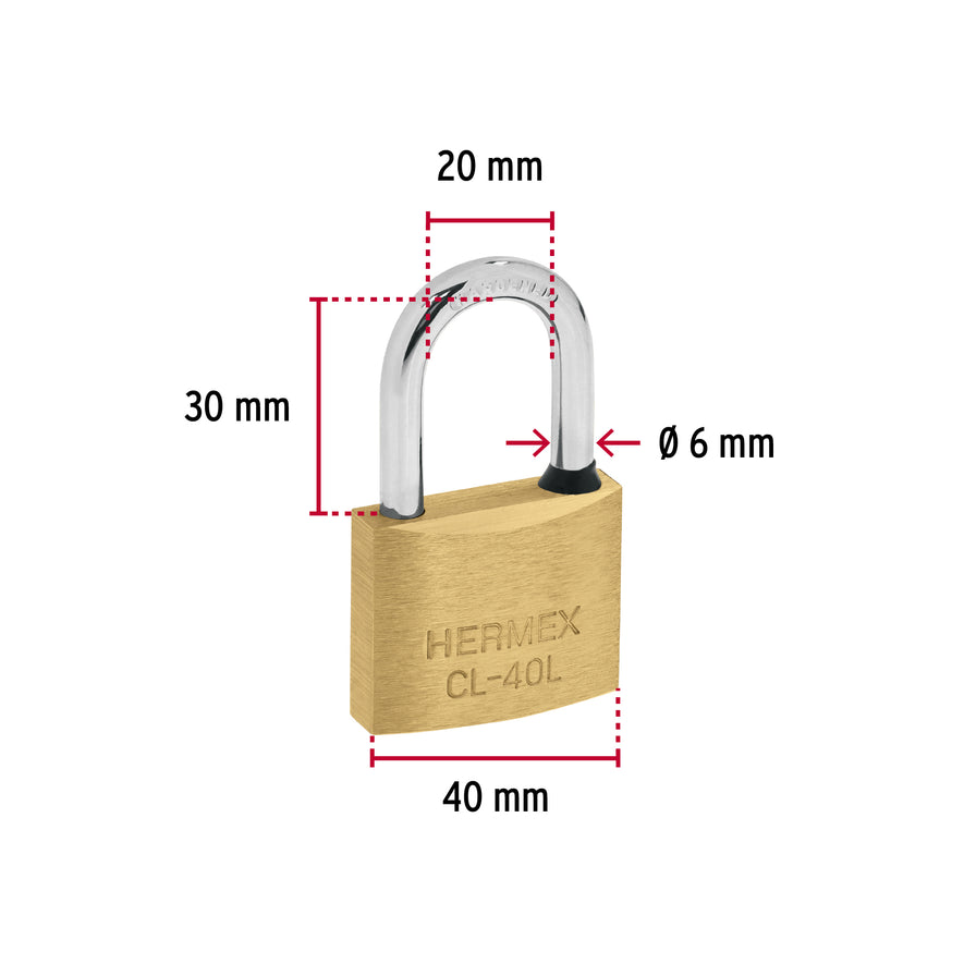 Candado de latón 40 mm gancho largo en blíster, Hermex Caja con 3, 43437