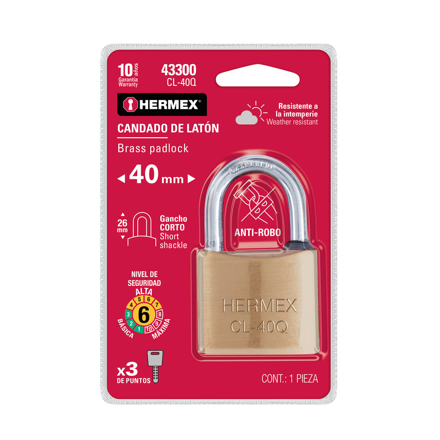 Candado de latón, 40mm, gancho corto, llave puntos, blister Caja con 2, 43300