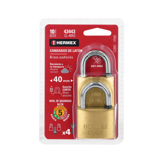 Blíster con 2 candados de latón de 40mm con gancho corto Caja con 3, 43443