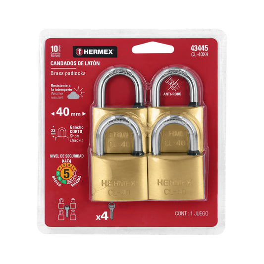 Blíster con 4 candados de latón de 40mm con gancho corto Caja con 3, 43445