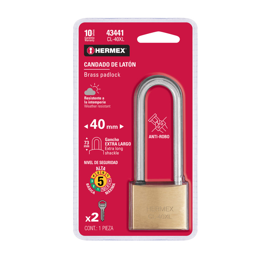 Candado de latón 40 mm gancho extra largo en blíster, Hermex Caja con 3, 43441