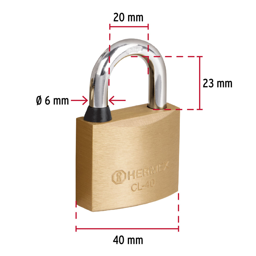 Candado de latón 40 mm gancho corto en blíster, Hermex Caja con 3, 43428