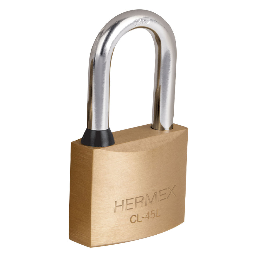 Candado de latón 45 mm gancho largo en blíster, Hermex Caja con 3, 43438
