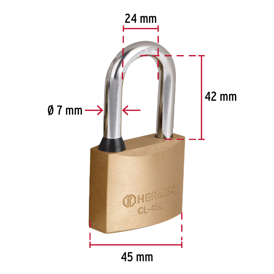 Candado de latón 45 mm gancho largo en blíster, Hermex Caja con 3, 43438