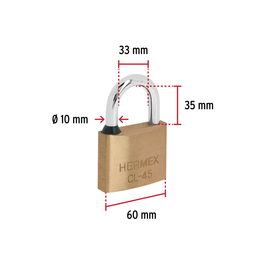 Candado de latón 45 mm gancho corto en blíster, Hermex Caja con 3, 43429