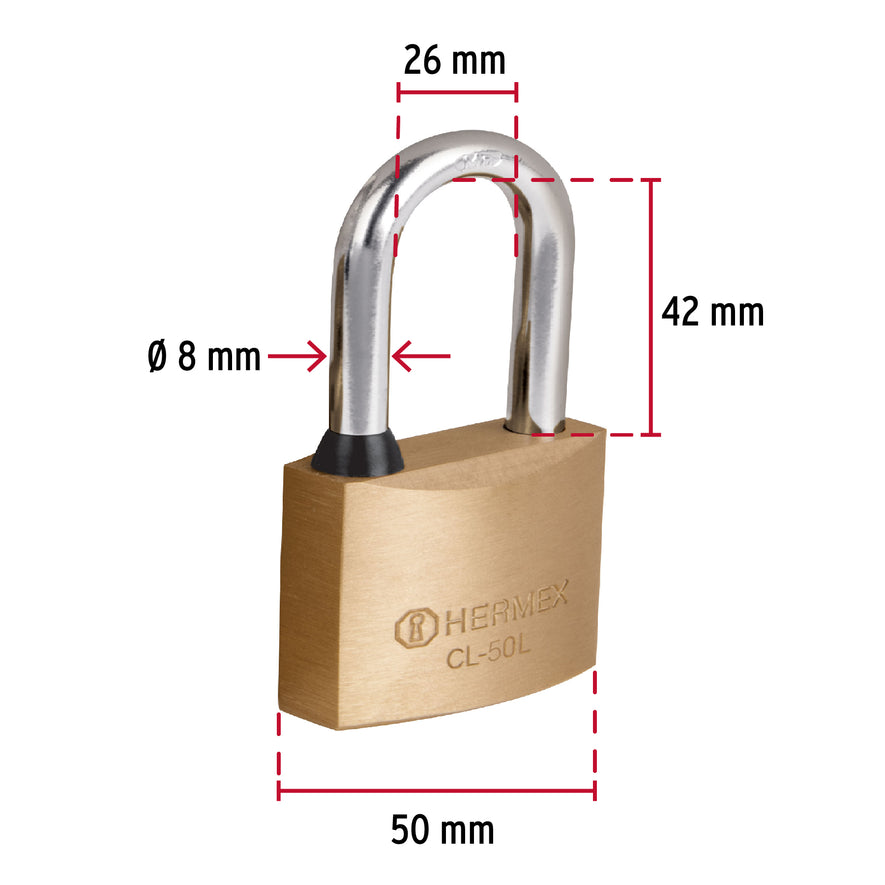 Candado de latón 50 mm gancho largo en blíster, Hermex Caja con 3, 43439