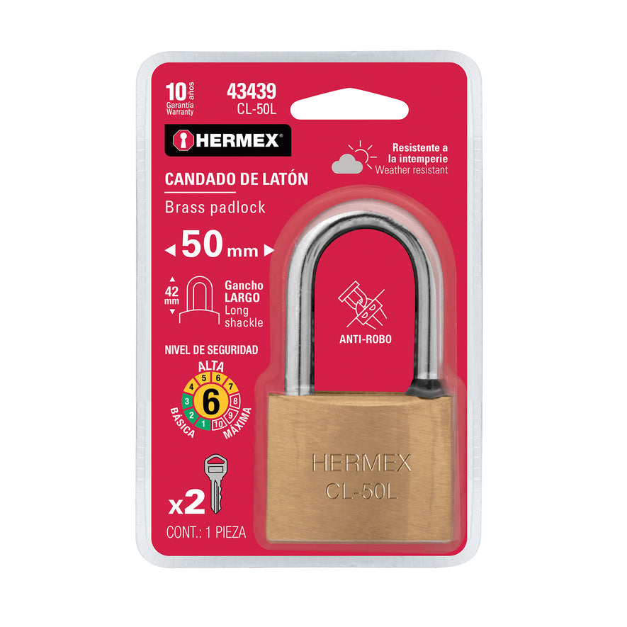 Candado de latón 50 mm gancho largo en blíster, Hermex Caja con 3, 43439