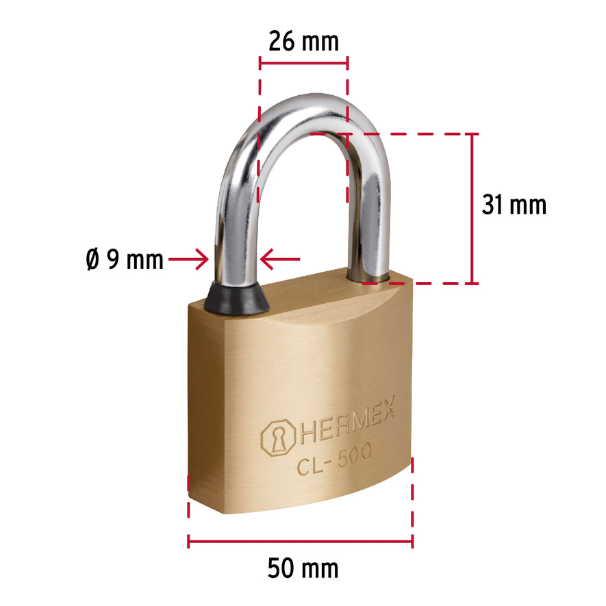 Candado de latón, 50mm, gancho corto,llave de puntos,blister Caja con 2, 43301