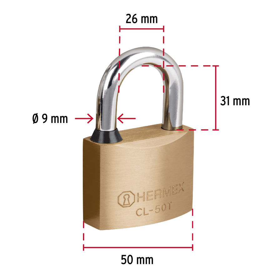 Candado de latón, 50mm, gancho corto, llave tubular, blister Caja con 2, 43304