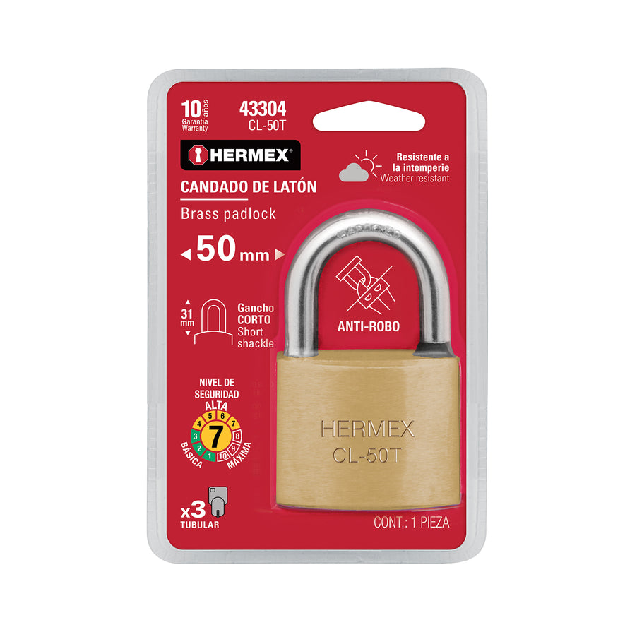 Candado de latón, 50mm, gancho corto, llave tubular, blister Caja con 2, 43304