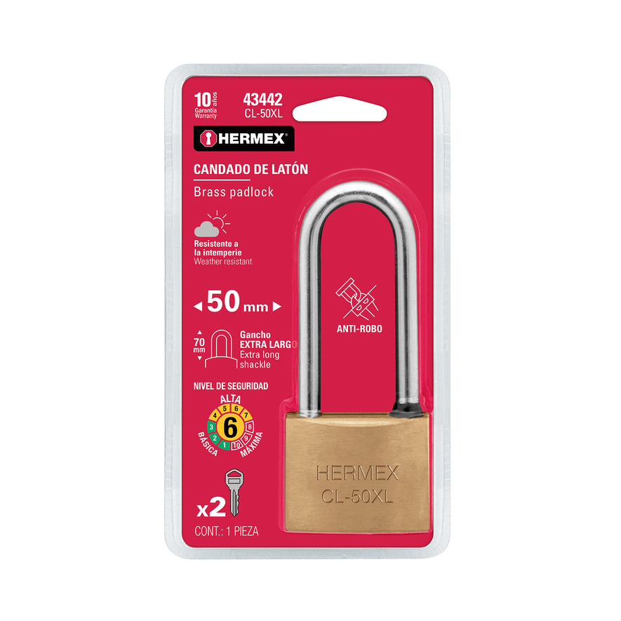 Candado de latón 50 mm gancho extra largo en blíster, Hermex Caja con 3, 43442