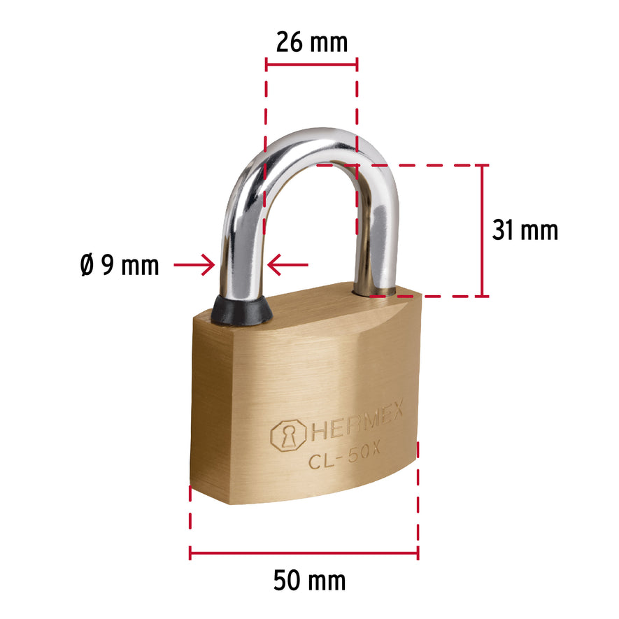 Candado de latón, 50mm, gancho corto, llave tetra, blister Caja con 2, 43421