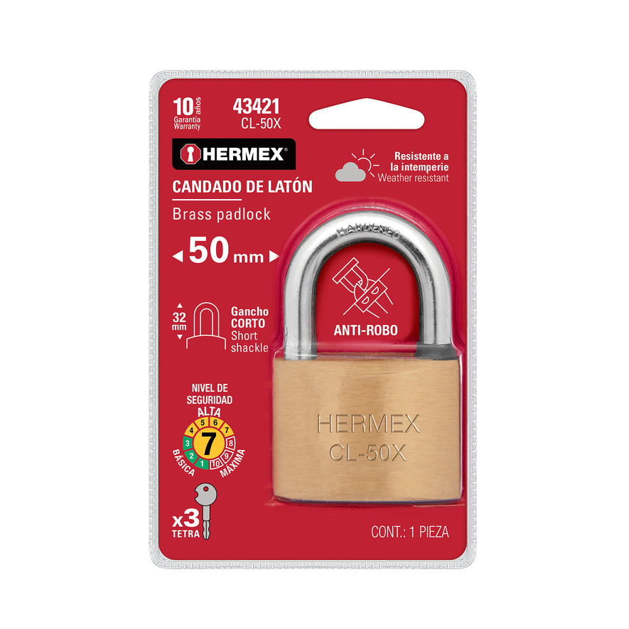 Candado de latón, 50mm, gancho corto, llave tetra, blister Caja con 2, 43421