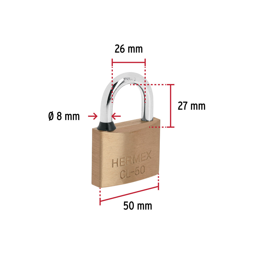 Candado de latón 50 mm gancho corto en blíster, Hermex Caja con 3, 43430
