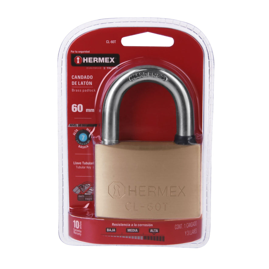Candado de latón, 60mm, gancho corto, llave tubular, blister Caja con 2, 43305