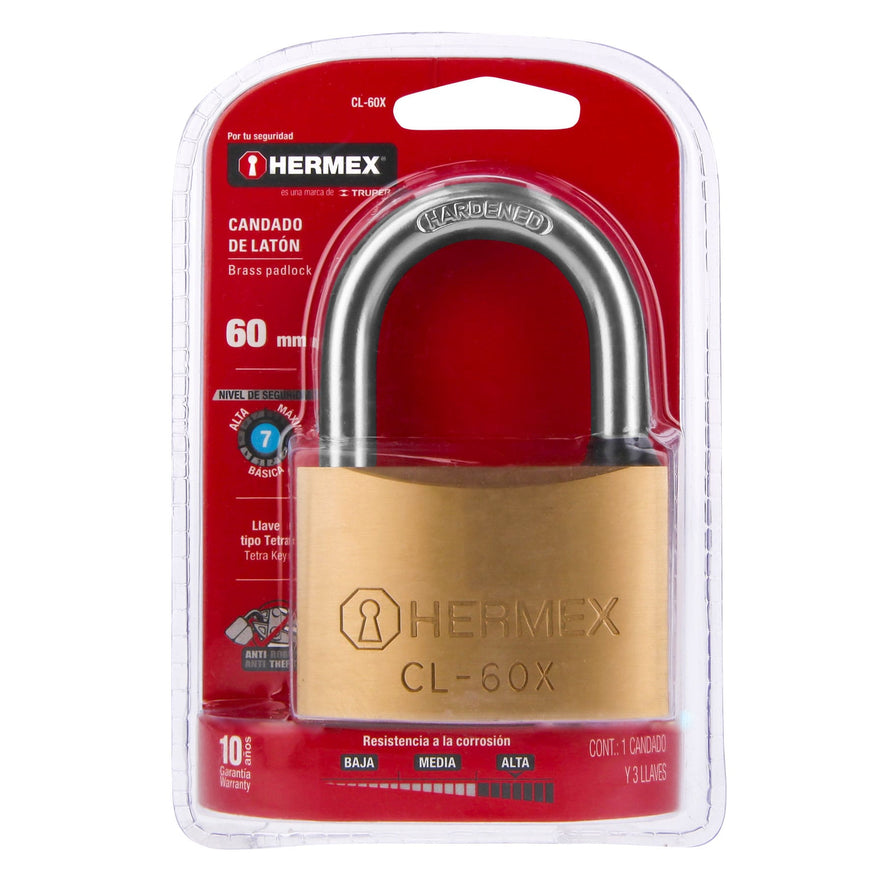 Candado de latón, 60mm, gancho corto, llave tetra, blister Caja con 2, 43422