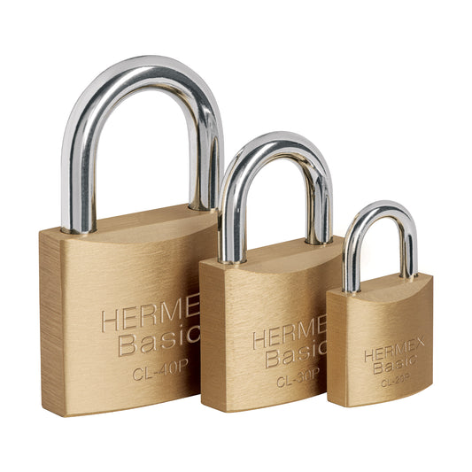 Candado de latón 40 mm gancho largo en blíster, Hermex Basic Caja con 6, 23517
