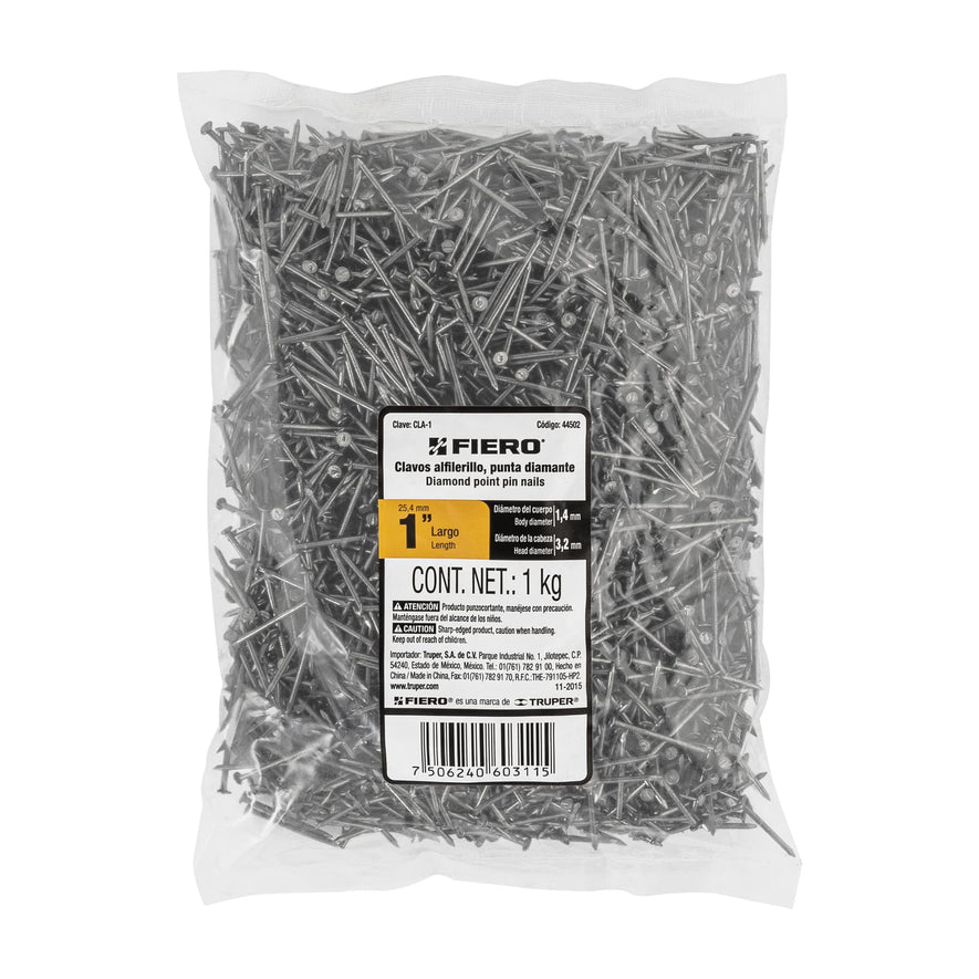 Bolsa con 1 kg de clavos alfilerillos de 1' con cabeza Caja con 10, 44502