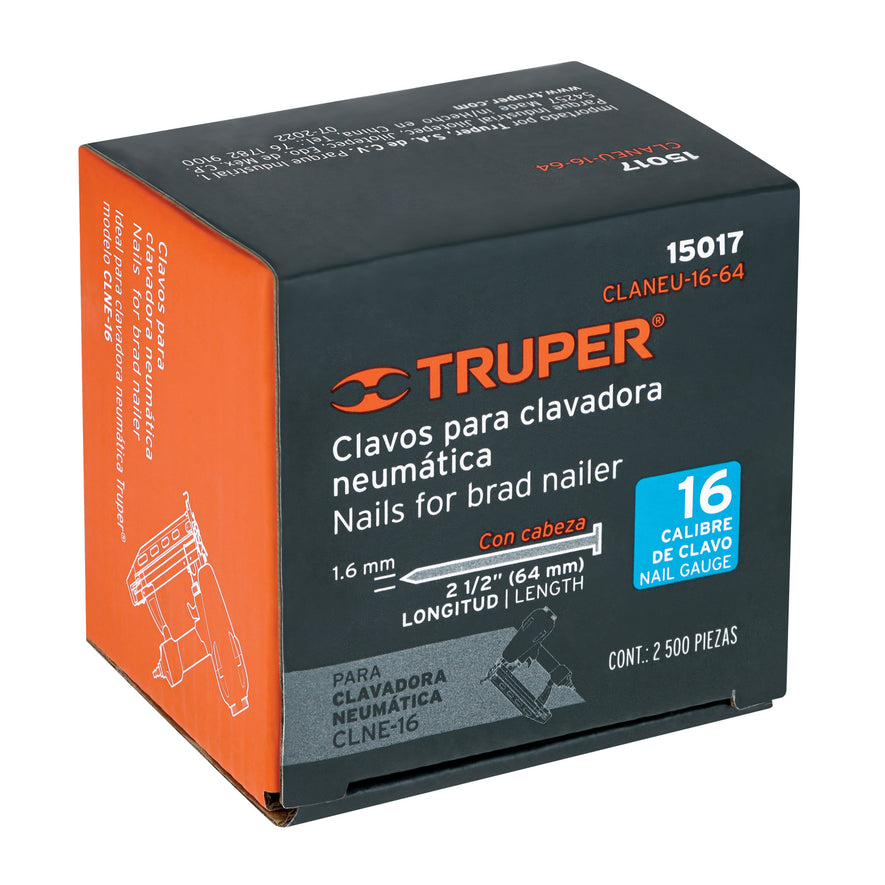 clavos calibre 16, 64 mm para CLNE-16, Truper Caja con 2500, 15017