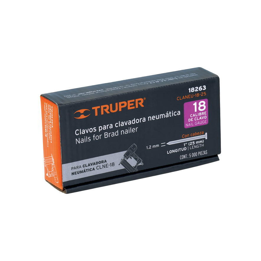 clavos calibre 18, 25 mm para CLNE-18, Truper Caja con 5000, 18263